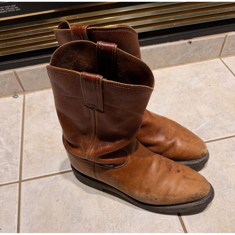 Justin Mens Brown Leather Pull On Work Boots Round Toe Rugged Outdoor